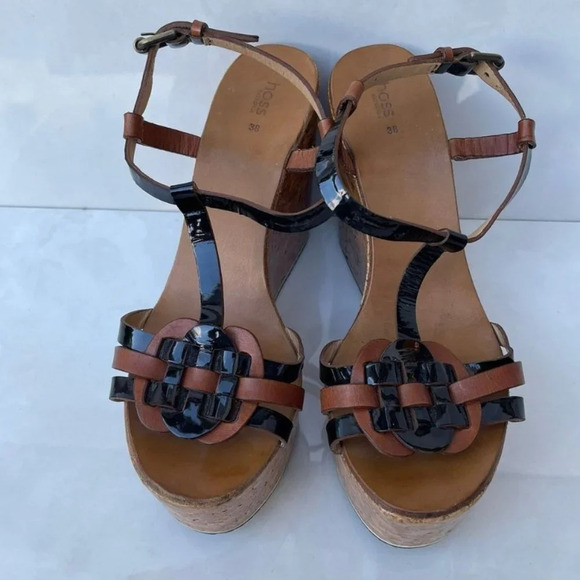 Hoss Intropia Womens Wedge Open Toe Sandals Black Brown Sz 38 - Picture 1 of 16